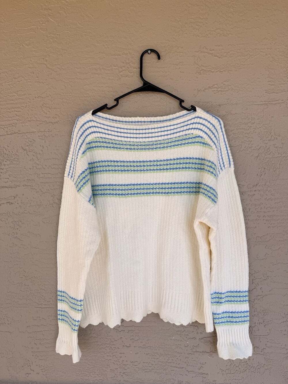 Talbots Petite Striped Ribbed Knit Sweater, White/Blue/Green, Size XLP
